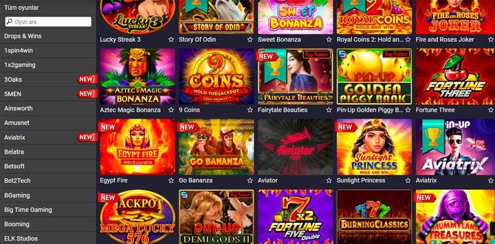 Pinup slot oyunları arayüzü